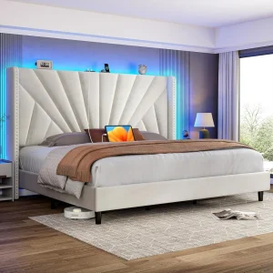 King Size Bed Frame with Upholstered Headboard